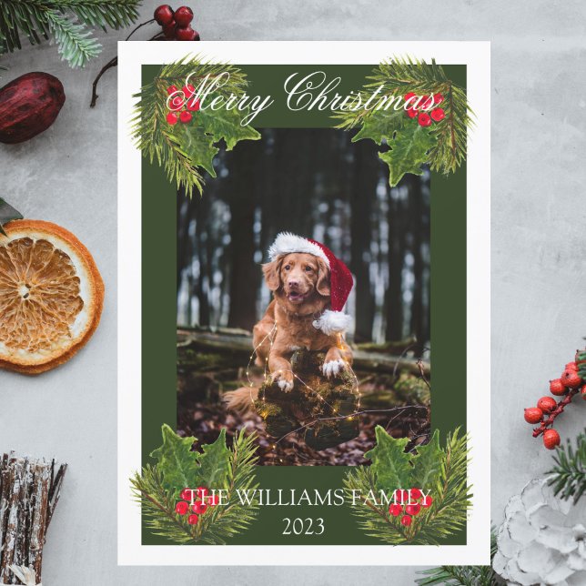 Merry Christmas Cute Dog Pet Photo Watercolor  Holiday Card (Creator Uploaded)