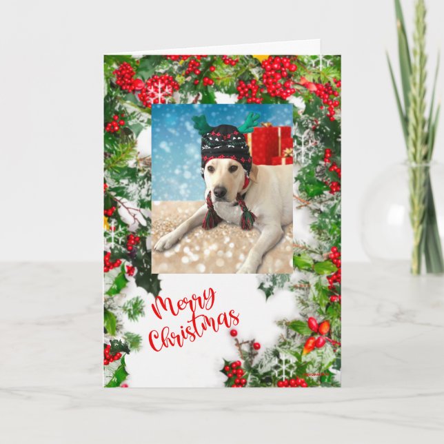 Merry Christmas Cute Dog with Antlers Customise Holiday Card (Front)