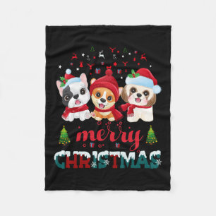 Merry Christmas Cute Dogs Red Santa Hat Christmas Fleece Blanket
