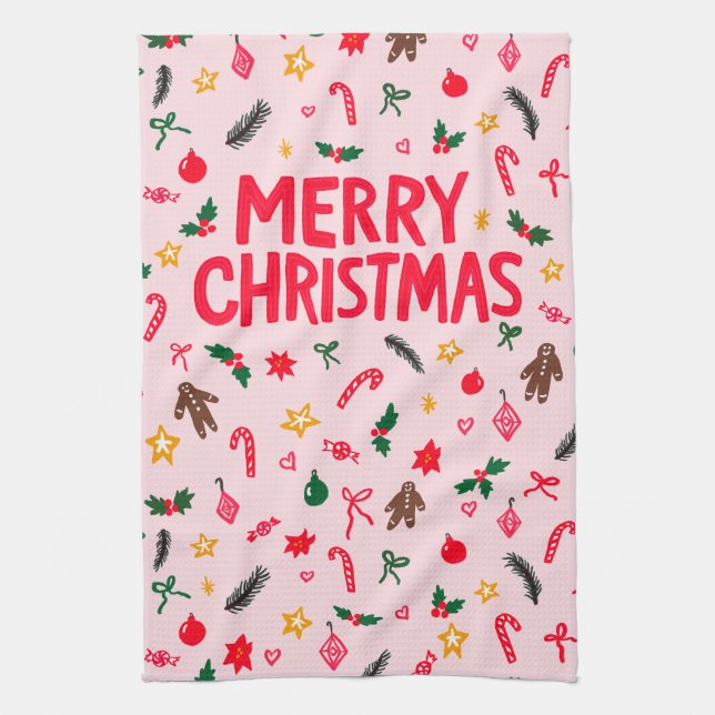 MERRY CHRISTMAS Cute Doodle Whimsical CUSTOM Tea Towel (Vertical)