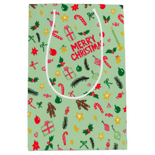 Merry Christmas Cute Doodle Whimsical Pattern Medium Gift Bag