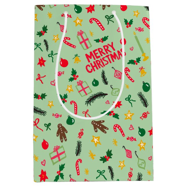 Merry Christmas Cute Doodle Whimsical Pattern  Medium Gift Bag (Front)