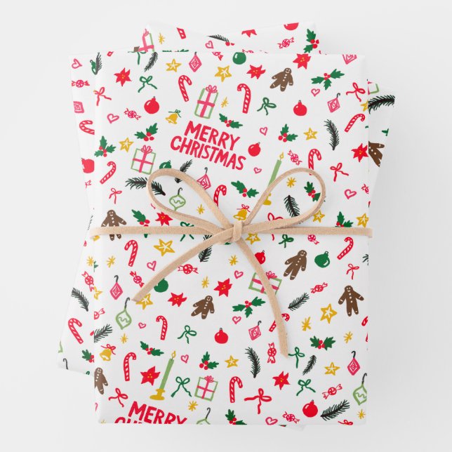 Merry Christmas Cute Doodle Whimsical Pattern  Wrapping Paper Sheet (In situ)