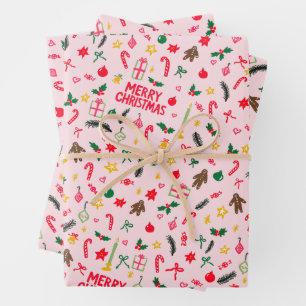 Merry Christmas Cute Doodle Whimsical Pattern Wrapping Paper Sheet