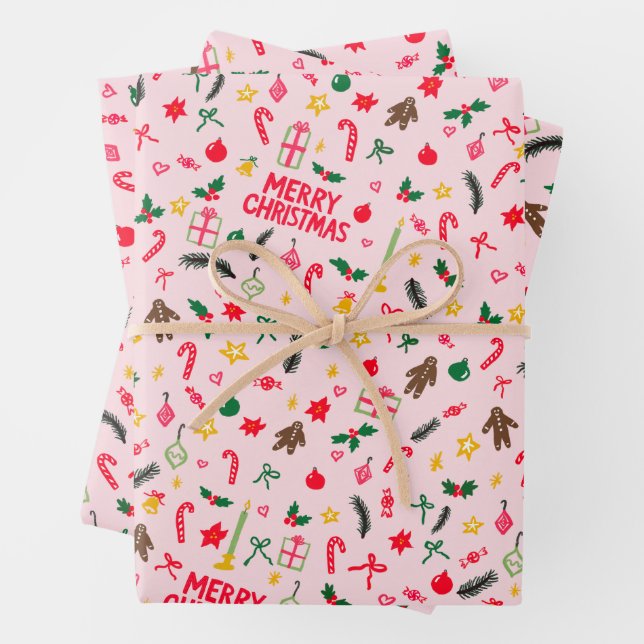 Merry Christmas Cute Doodle Whimsical Pattern  Wrapping Paper Sheet (In situ)