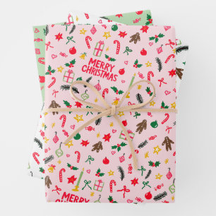 Merry Christmas Cute Doodle Whimsical Pattern  Wrapping Paper Sheet
