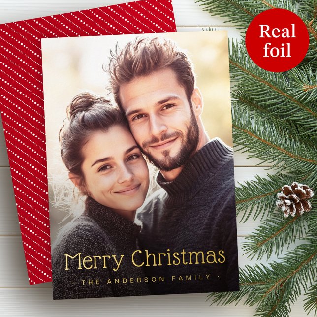 Merry Christmas cute dotted stripes red photo (Merry Christmas cute dotted stripes red photo Foil Holiday Card)