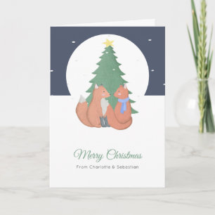 Merry Christmas Cute Fox Couple And Tree Card