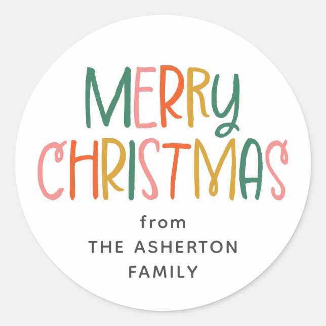 Merry Christmas cute fun colourful family name Classic Round Sticker (Front)