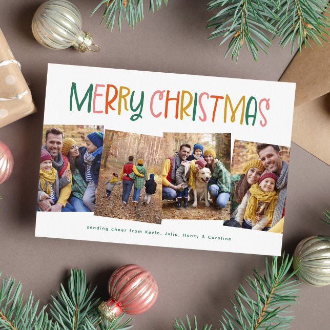 Merry Christmas cute fun colourful four photo Holiday Card (Creator Uploaded)