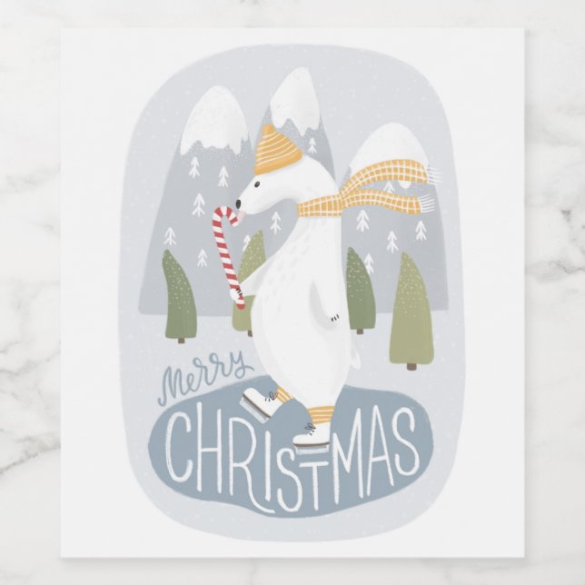 Merry Christmas. Cute funny winter polar bear Wine Label (Single Label)