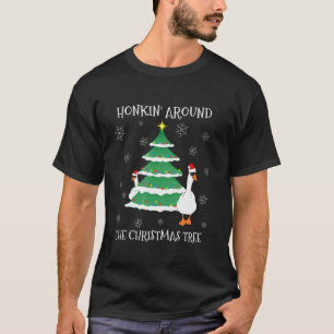 Merry Christmas Cute Geese Honking Around Xmas Tre T-Shirt