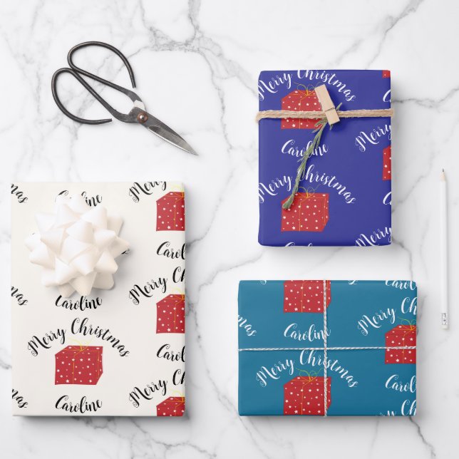 Merry Christmas Cute Gift with Custom Name Wrapping Paper Sheet (Front)