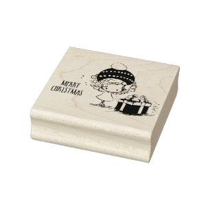 Merry Christmas Cute Girl with Present Rubber Stamp