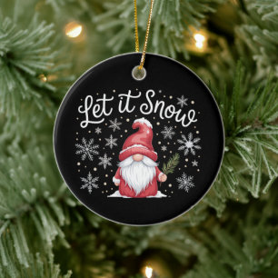 Merry Christmas Cute Gnome Let It Snow Winter Ceramic Tree Decoration