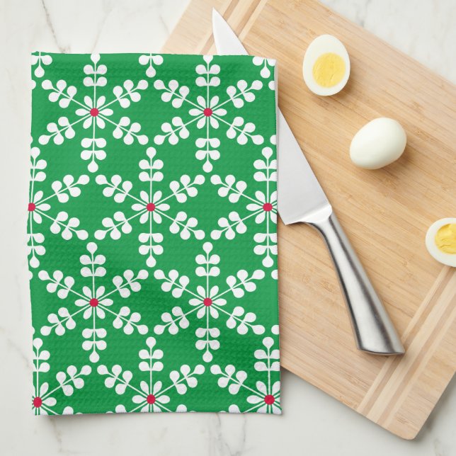 Merry Christmas Cute Green Snowflakes Tea Towel (Quarter Fold)