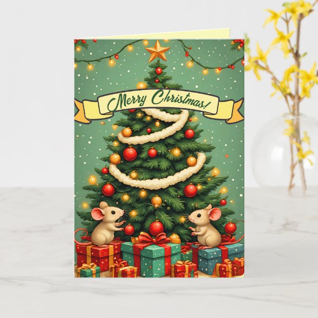 Merry Christmas Cute Happy Mice Victorian Tree     Card (Yellow Flower)