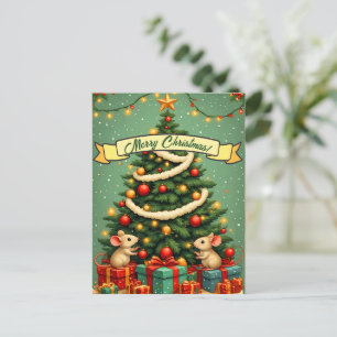 Merry Christmas Cute Happy Mice Victorian Tree Postcard