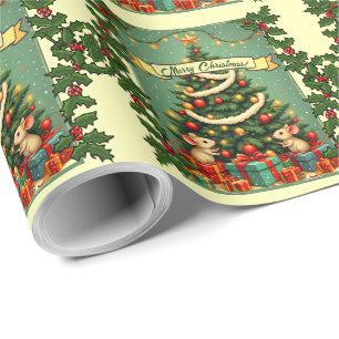 Merry Christmas Cute Happy Mice Victorian Tree     Wrapping Paper