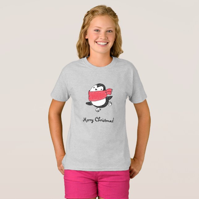 Merry Christmas Cute Happy Penguin Ice Skating T-Shirt (Front Full)