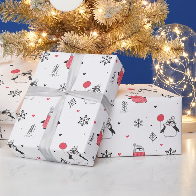 Merry Christmas Cute Happy Penguin in Hats White Wrapping Paper (Holidays)