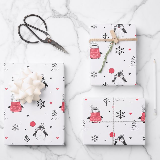 Merry Christmas Cute Happy Penguin in Hats White Wrapping Paper Sheet (Front)