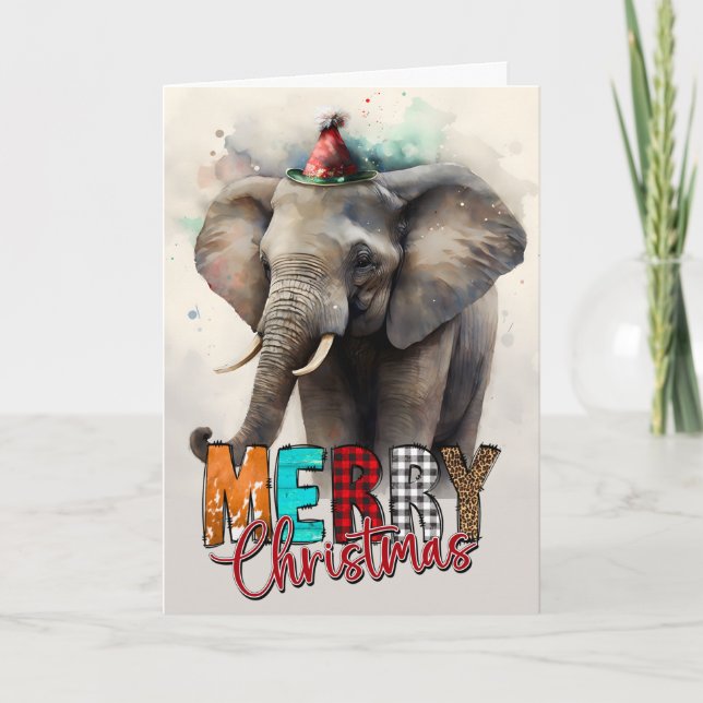 Merry Christmas Cute Happy Santa Elephant Card (Front)