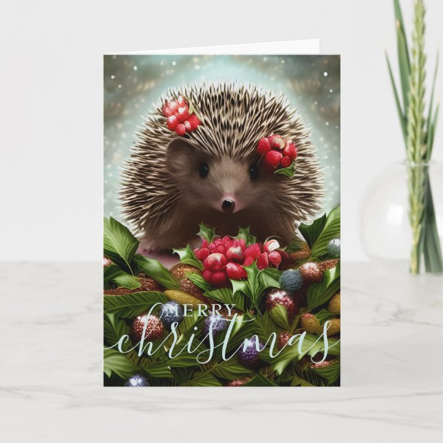 Merry Christmas Cute Hedgehog Holiday Card (Front)