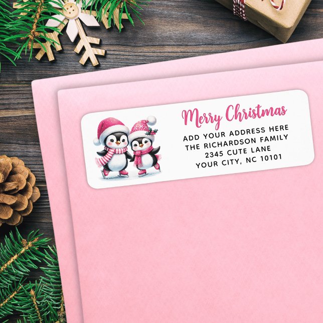 Merry Christmas Cute Ice Skating Penguins Pink (Creator Uploaded)