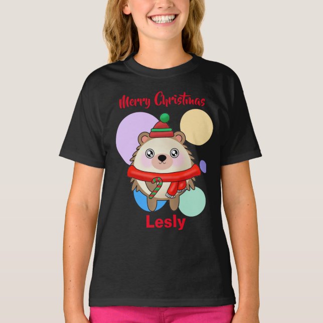 Merry Christmas Cute Kawaii Friendly Hedgehog T-Shirt (Front)