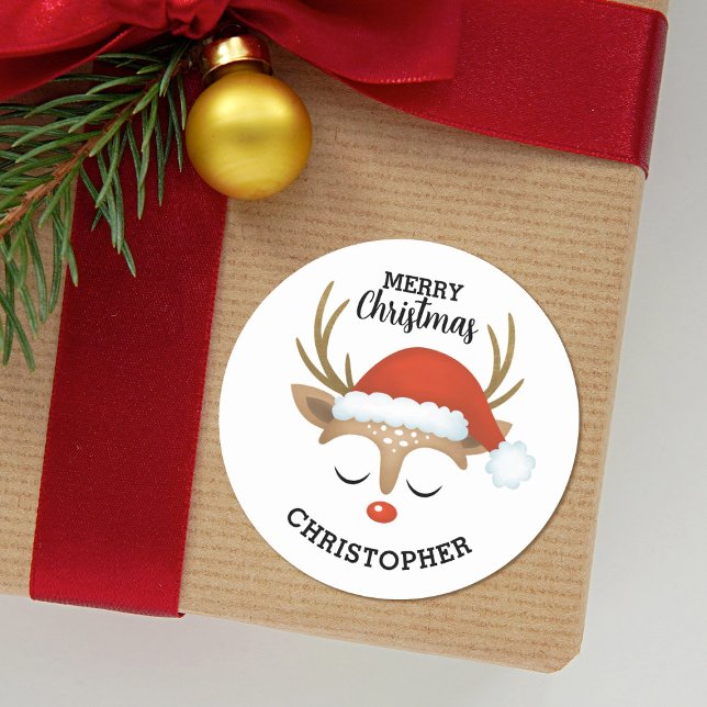 Merry Christmas Cute Kids Reindeer  Classic Round Sticker (Cute Rudolph Reindeer Christmas stickers are so fun for  decorating your holiday gifts.)