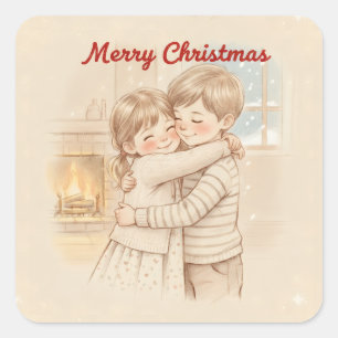 MERRY CHRISTMAS CUTE KIDS TOGETHER PICTURE SQUARE STICKER
