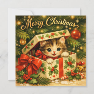 Merry Christmas Cute Kitten in Gift Box Holiday Card