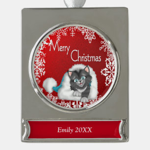 Merry Christmas Cute Kitty Banner Ornament - Silve