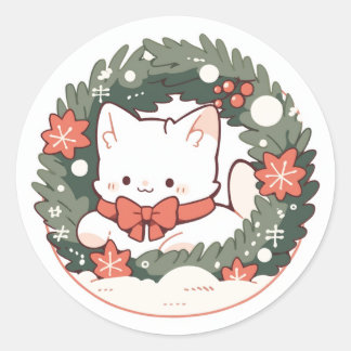 Merry Christmas Cute Kitty Cat Classic Round Sticker
