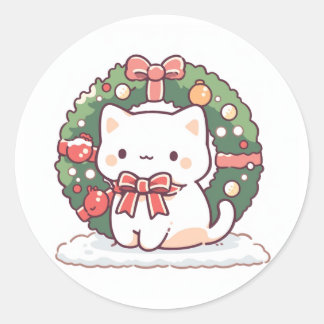 Merry Christmas Cute Kitty Cat Classic Round Sticker