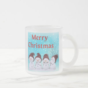 Merry Christmas Cute Little Snowmen Adorable  Frosted Glass Coffee Mug