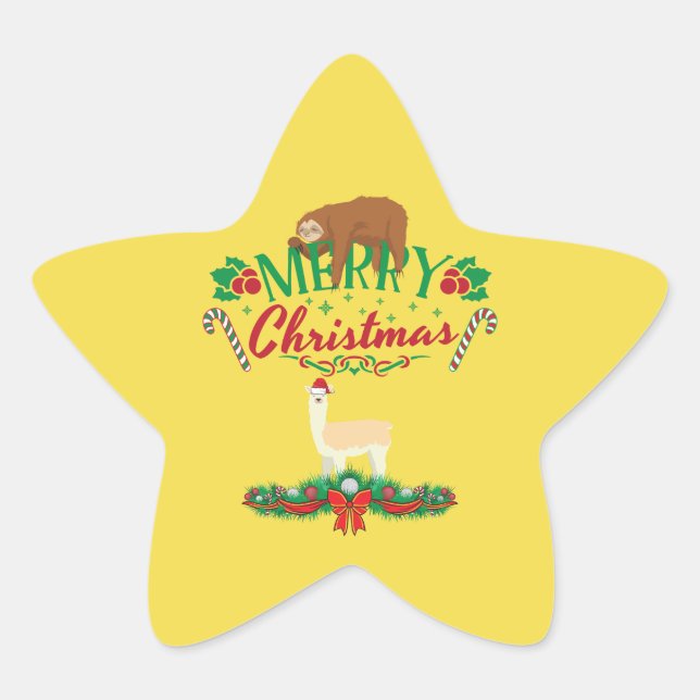 Merry Christmas Cute Llama with a Sleeping Sloth Star Sticker (Front)