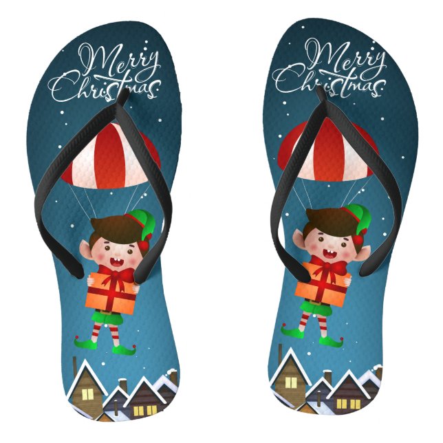 Merry Christmas Cute Modern Parachuting Boy Elf Jandals (Footbed)