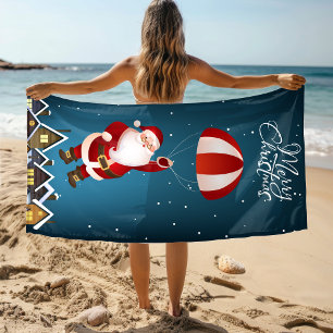 Merry Christmas Cute Modern Parachuting Santa Beach Towel