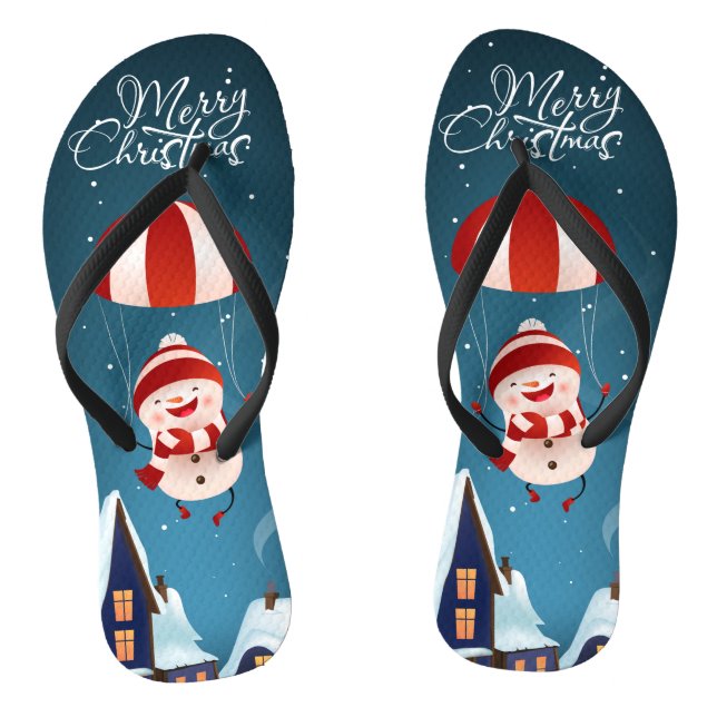 Merry Christmas Cute Modern Parachuting Snowman Jandals (Footbed)