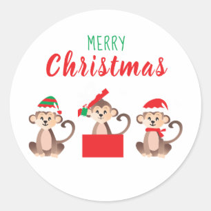 Merry Christmas Cute Monkeys Christmas Hats Classic Round Sticker