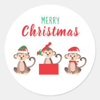 Merry Christmas Cute Monkeys Christmas Hats Classic Round Sticker