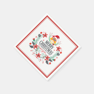 Merry Christmas Cute Owl Wreath Napkin