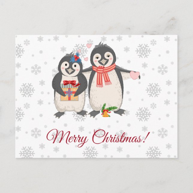 Merry Christmas Cute Penguin Couple Postcard (Front)