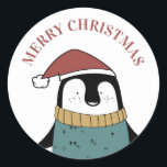 Merry Christmas. Cute penguin. Funny Santa animal Classic Round Sticker<br><div class="desc">Funny Christmas tag with cute penguin. Contact me,  please,  if you need additional items.</div>