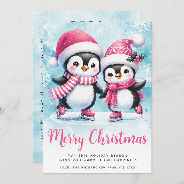 Merry Christmas Cute Penguin Ice Skaters Pink Holiday Card (Front/Back)