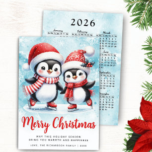 Merry Christmas Cute Penguin Ice Skaters Red Blue Holiday Card