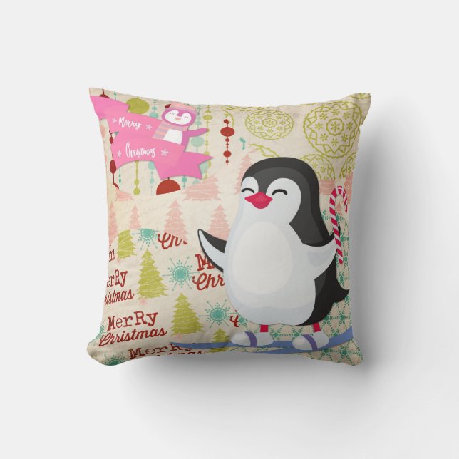 Merry Christmas Cute Penguin Pink Throw Pillow (Front)