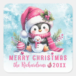 Merry Christmas Cute Penguin Snowy and Pink Custom Square Sticker
